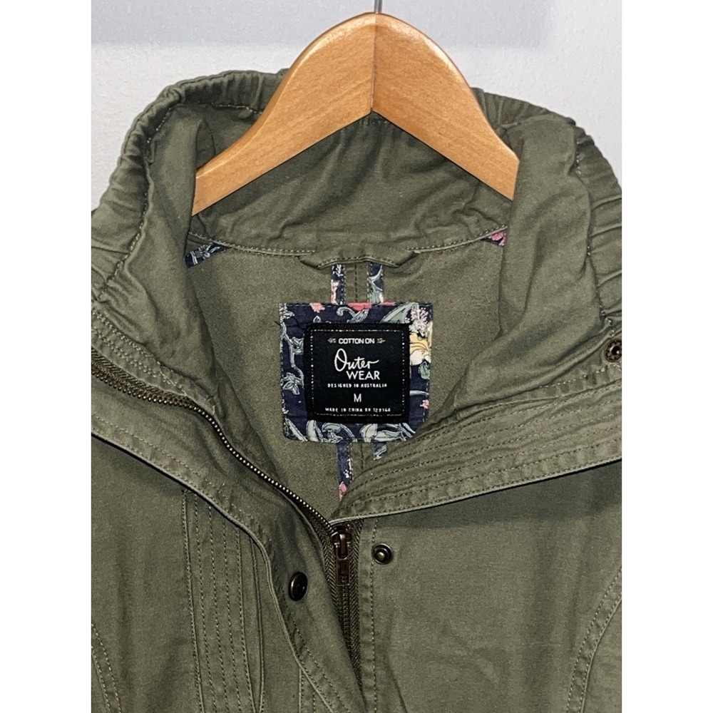 Cotton On Women's Utility Parka Jacket M Hooded Army Green Anorak Cinch Waist